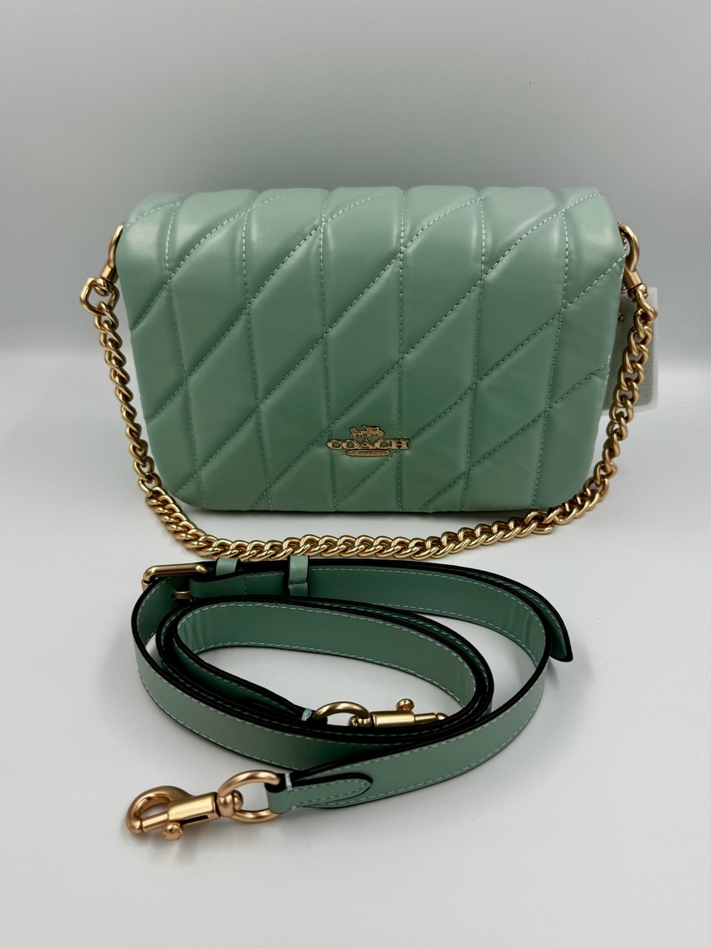 Coach CY663 Klare Quilted Mint Green Leather Convertible Crossbody